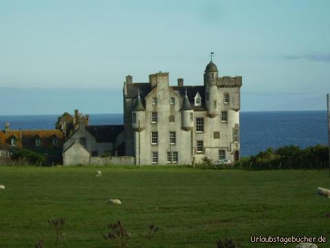 Keiss Castle: das Keiss House aus dem Jahr 1755 verdeckt die
direkt an der Klippe stehende Ruine des Keiss Castle fast vollständig
(aber ein wenig sieht man sie doch rausgucken)
