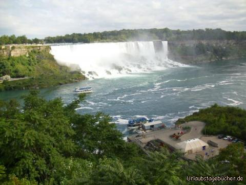 US-amerikanischer Niagarafall: dass das Wasser beim US-amerikanische Teil der Niagarafälle 21 m tief fällt,
ist ironischer Weise nur von kanadischer Seite aus gut zu sehen