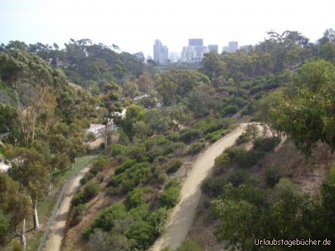 Balboa Park: der Blick von der Cabrillo Bridge über den 4,9 km² großen Balboa Park,
den es schon seit 1868 im Herzen von San Diego, Kalifornien gibt