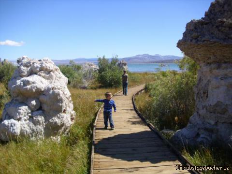 Steg zum Mono Lake: ein langer Steg führt uns ans Ufer des kalifornischen Mono Lake,
der besonders für seine bizarren Kalkformen bekannt ist,
durch die wir hindurch spazieren und auf die Viktor hier gerade zeigt