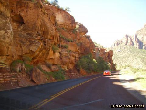 Pine Creek Canyon: gleich nachdem wir den Pine Creek im Zion National Park in Utah überquert haben,
beginnt der Aufstieg aus dem Pine Creek Canyon entlang dieser beeindruckenden Felswand