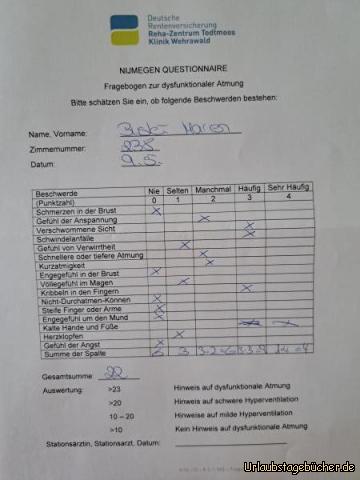 Tests Abschluss : Fragebogen dysfunktionale Atmung = Hinweis auf schwere Hyperventilation